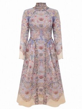 Designer-Style Rebellion Beaded Floral Vintage Midi Dress in Blue and Pastel